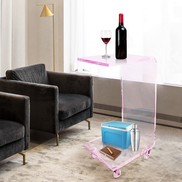 Designstyles Luxurious Acrylic C Shaped Table With Pink Edge On Wheels Beautiful Living Room Decor Perfect For Sofas And Beds