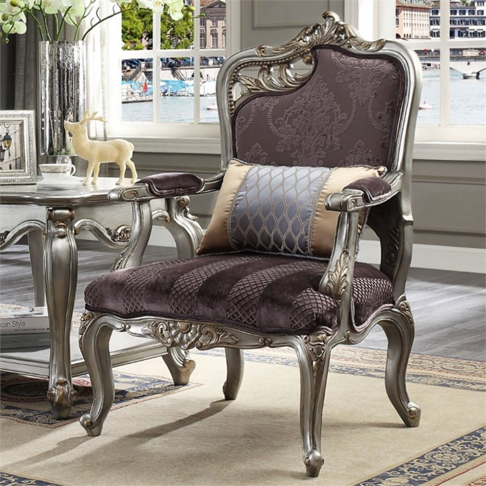 Pemberly Row Modern Chair with 1 Pillow in Velvet and Antique Platinum   Victorian   Armchairs And Accent Chairs   by Homesquare  Houzz