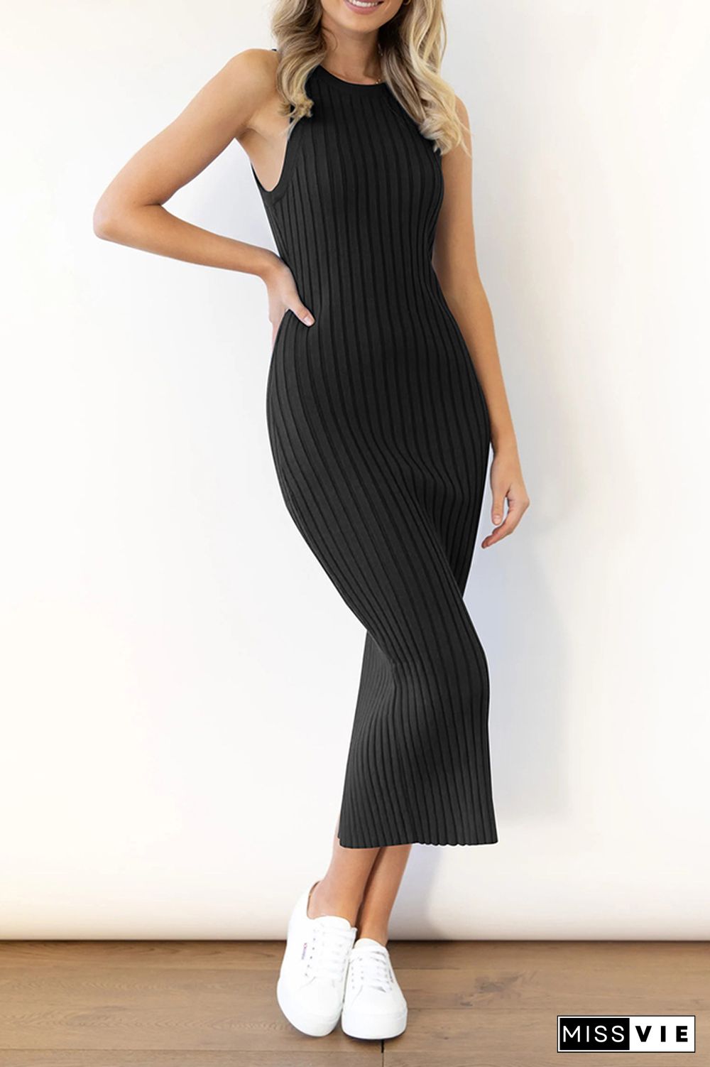 Plain Rib Knit Split Sleeveless Midi Dress