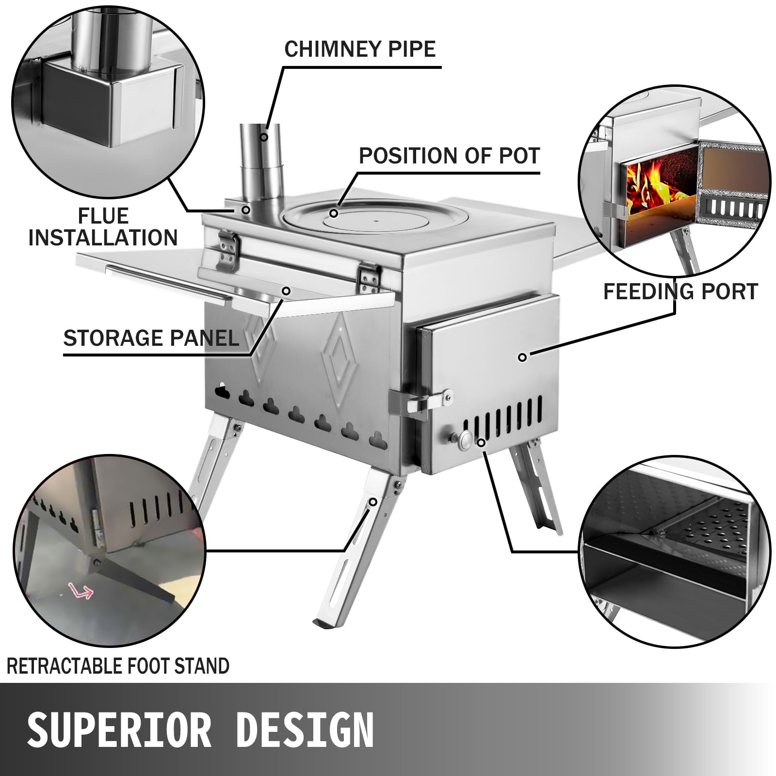 VEVOR Tent Wood Stove 17.5x14.7x10.6 inch, Camping Wood Stove 304 Stainless Steel with Folding Pipe, Portable Wood Stove 95.7 inch Total Height for Camping, Tent Heating, Hunting, Outdoor Cooking