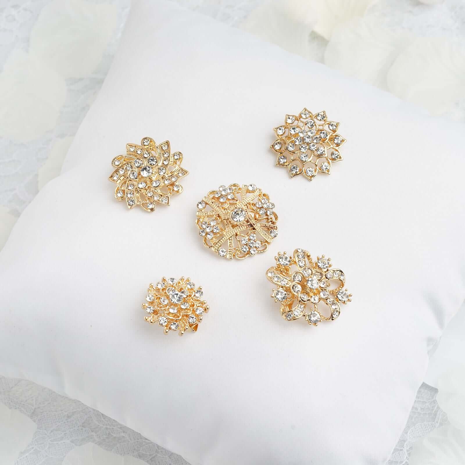 5 Pack Assorted Gold Plated Mandala Crystal Rhinestone Brooches Floral Sash Pin Brooch Bouquet Decor