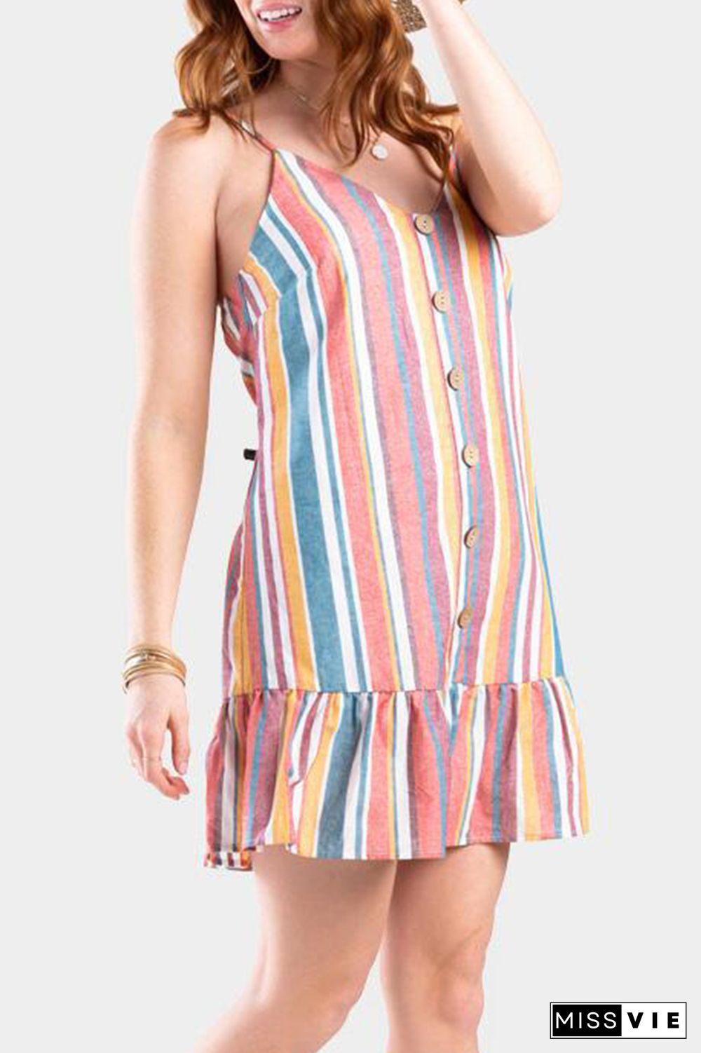 Fashion Casual Striped Buckle Flounce V Neck A Line Dresses