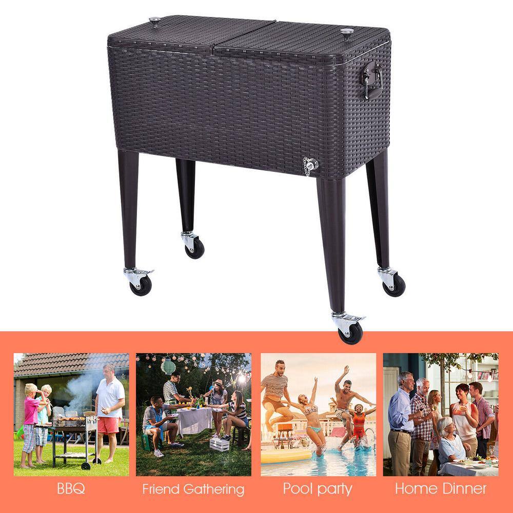 Costway Outdoor Rattan 80QT Party Portable Rolling Cooler Cart Ice Beer Beverage Chest GHM0451