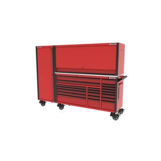 Husky 72 in. W x 24.5 in. D Professional Duty 20-Drawer Mobile Workbench Combo with Side Locker and Top Hutch in Gloss Red HPROSUITE2RED