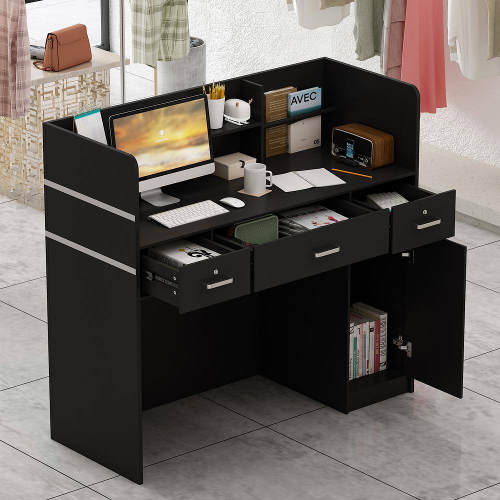 FUFUGAGA 47.2 in. Rectangle Black Wood Writing Desk Reception Desk Executive Computer Workstation with Lockable Drawers Cabinet KF210126-02-c