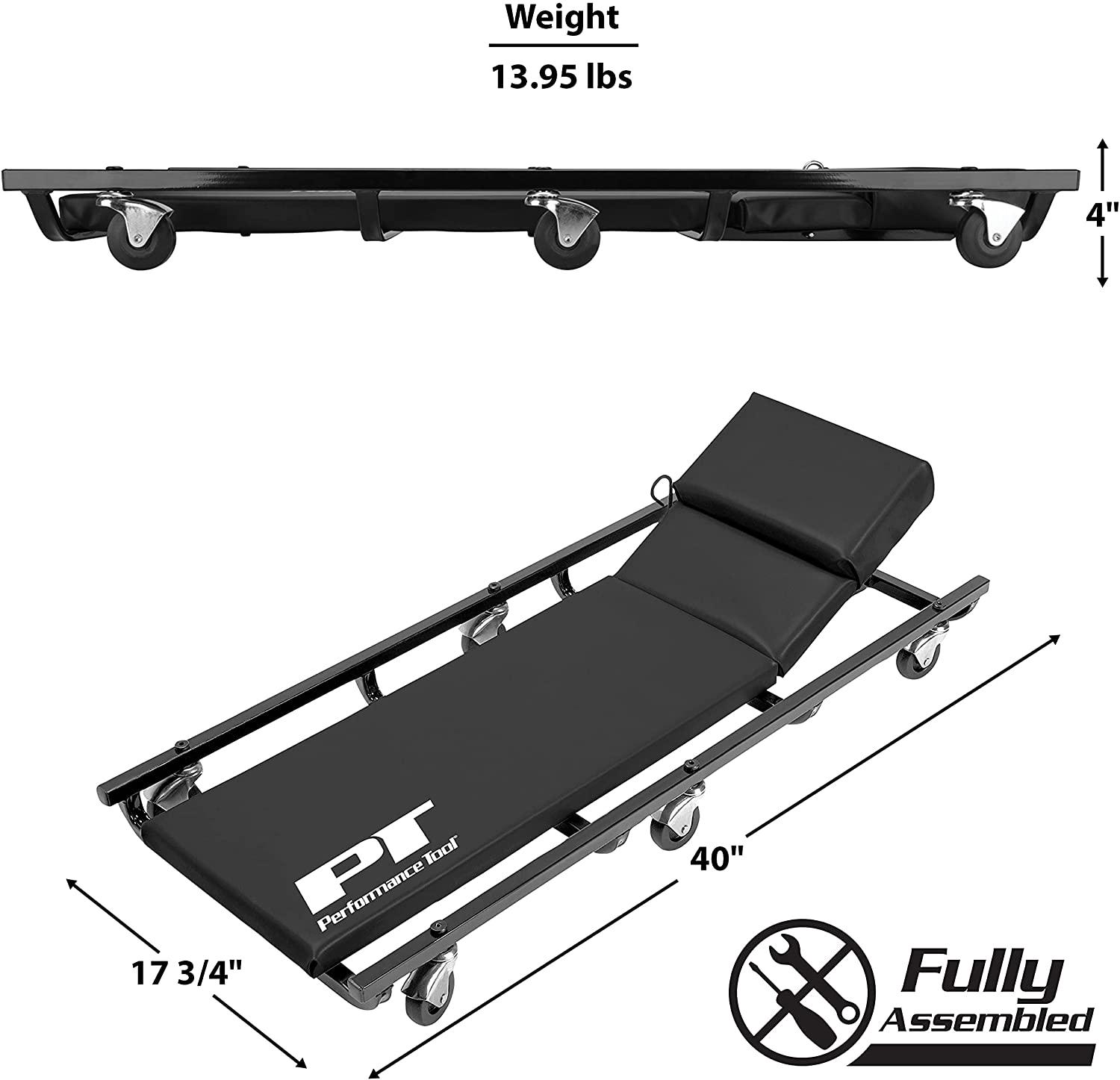 Performance Tool W85005 40 Low Profile U-Shape Creeper with Heavy Duty Tubular Steel Frame， 6 Shielded Swivel Casters， Fully Padded Deck and Adjustable Cushion Headrest， Holds 350 Lbs