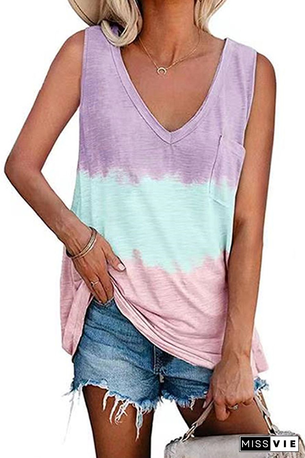 Purple Color Block V-Neck Tank Top