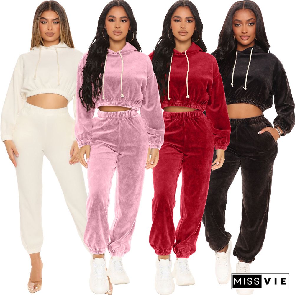 Velvet Hooded Crop Top Full Pants Two Piece Set