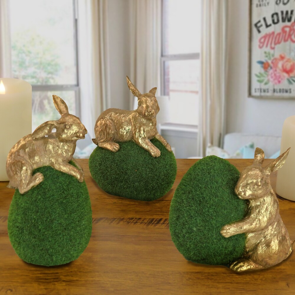 Gold Bunny with Green Moss Egg  Set of 3   7 in