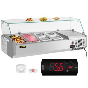 VEVOR Refrigerated Condiment Prep Station， 48-Inch， 10.8Qt Sandwich Prep Table w/ 2 1/3 Pans  4 1/6 Pans， 146W Salad Bar w/ 304 Stainless Body Tempered Glass Shield Digital Temp Display Auto Defrost