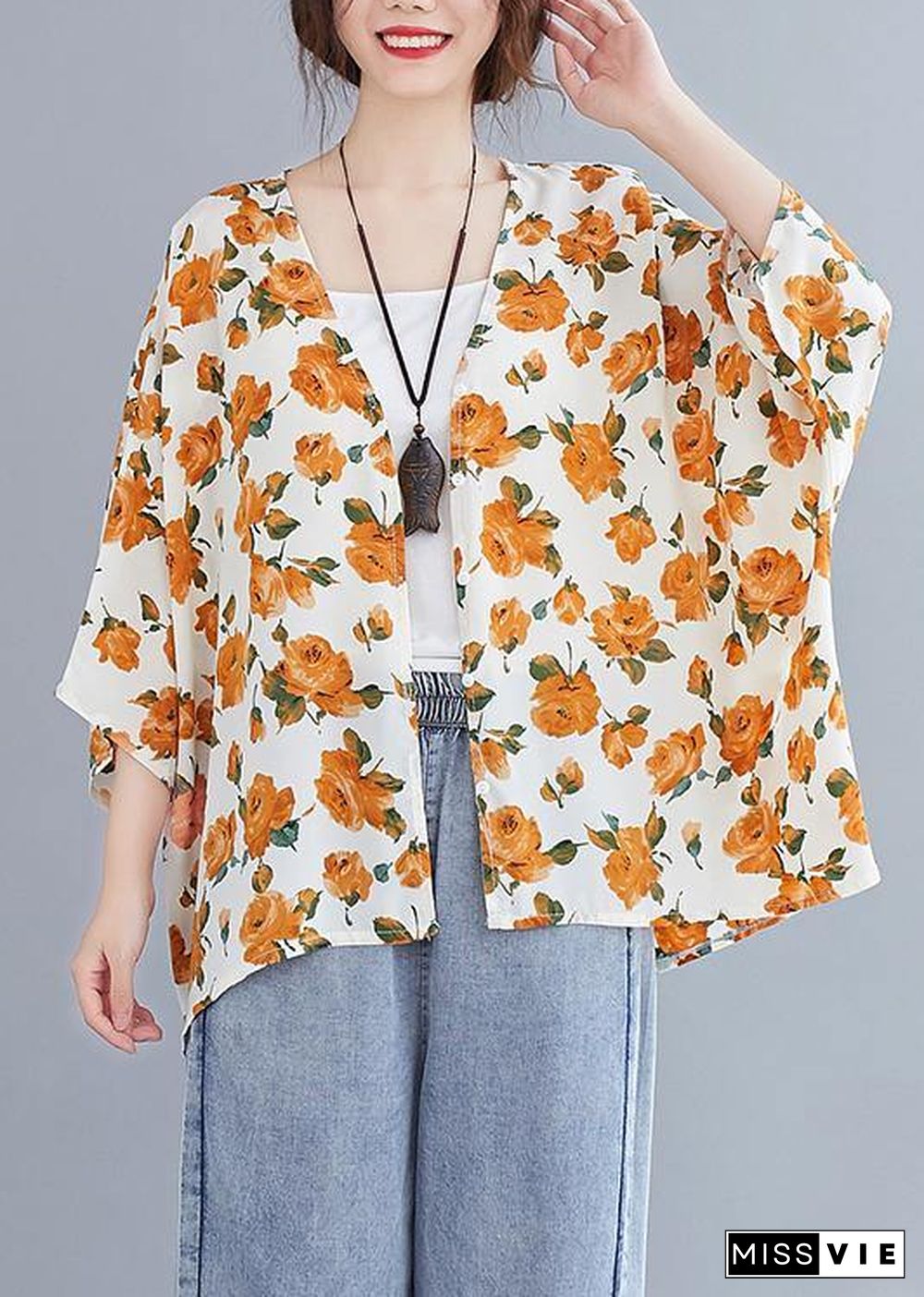 Simple yellow print top v neck Batwing Sleeve blouses