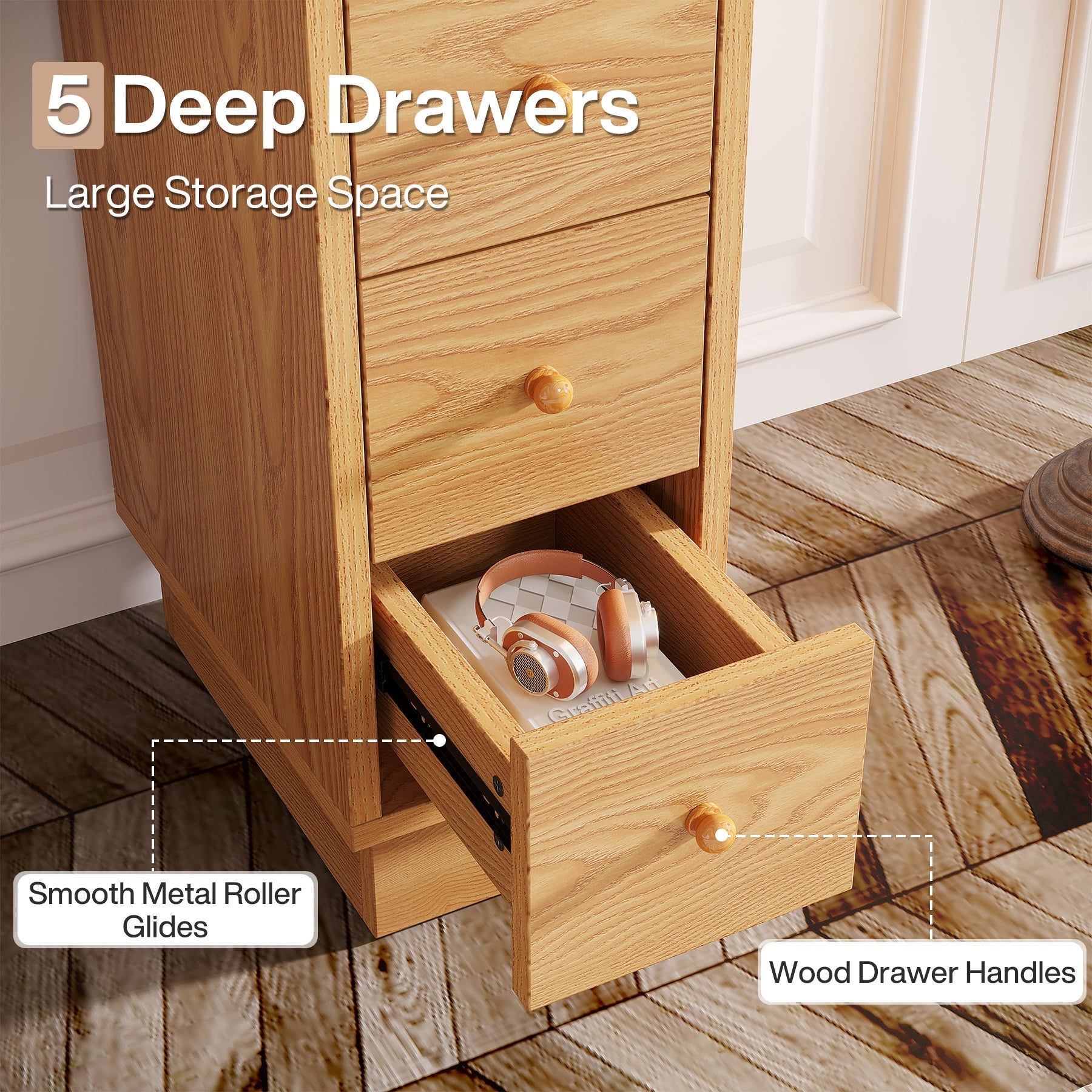 5-Drawer Chest, Wood Narrow Dresser Storage Chest of Drawers