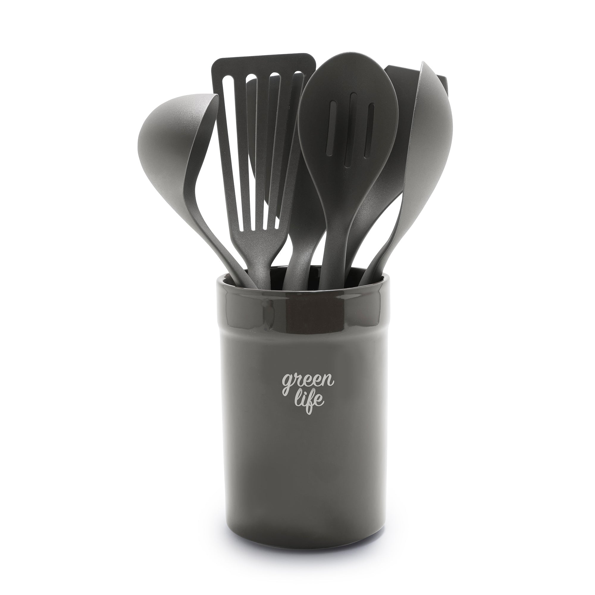 GreenLife Nylon & Wood Cooking Utensils with Ceramic Crock, 7-Piece Set | Black