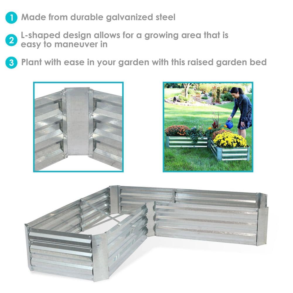 Sunnydaze Decor L-Shaped Silver Galvanized Steel Raised Garden Bed HB-785