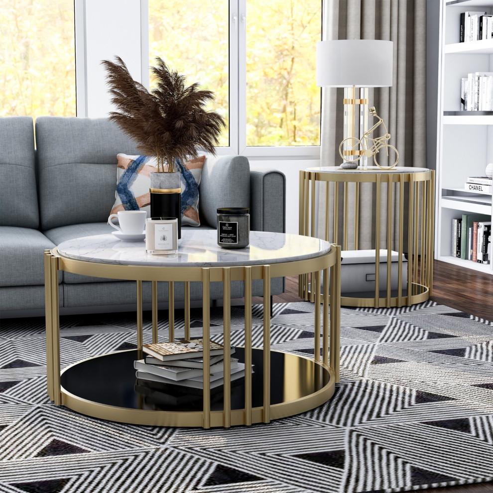 Coffee Table  Antique Brass Metal Frame With Black Glass Shelf  Faux Marble Top   Contemporary   Coffee Tables   by Declusia  Houzz