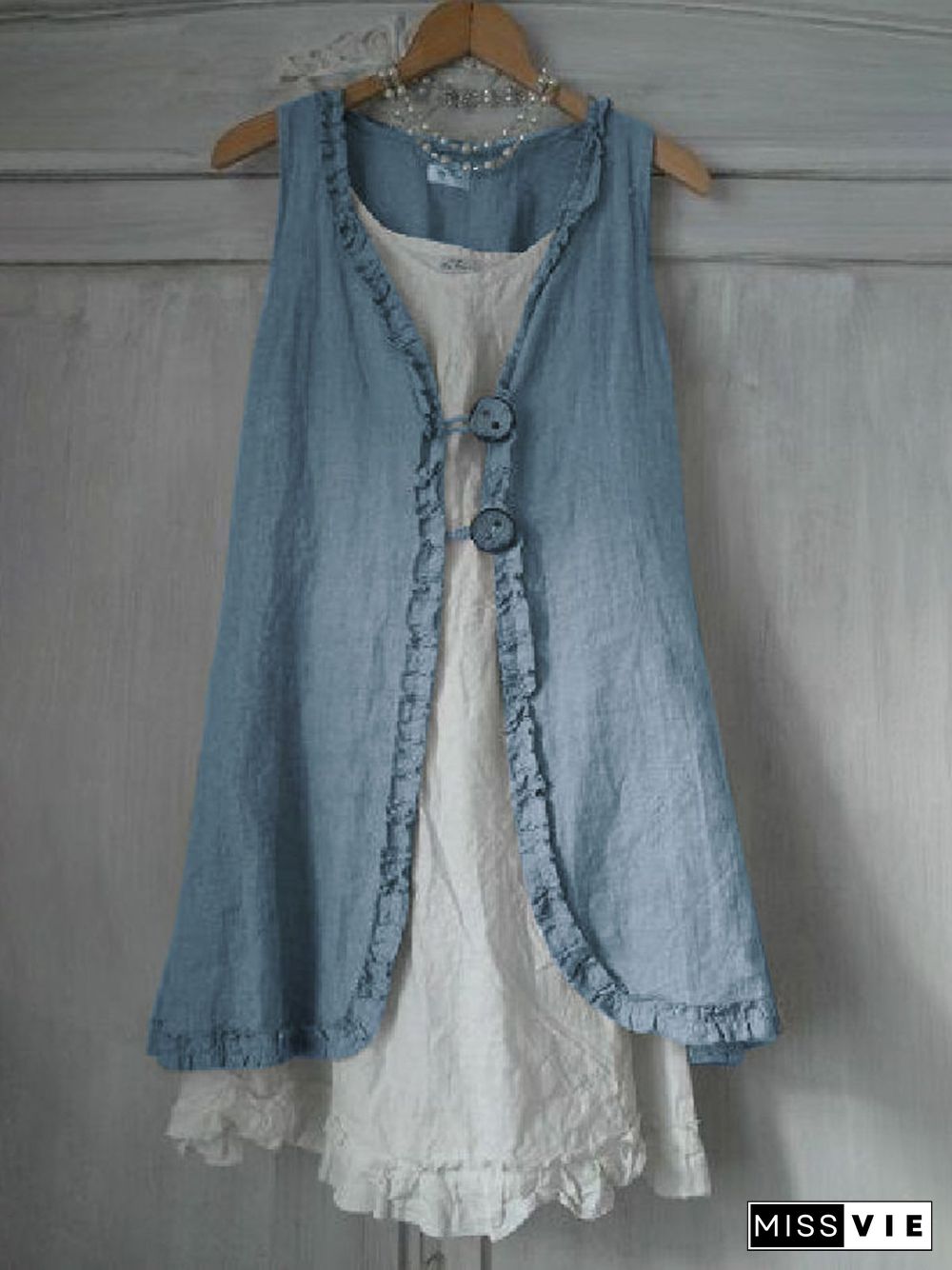 Buttoned Ruffled Sleeveless Linen Solid Shirts & Tops Linen