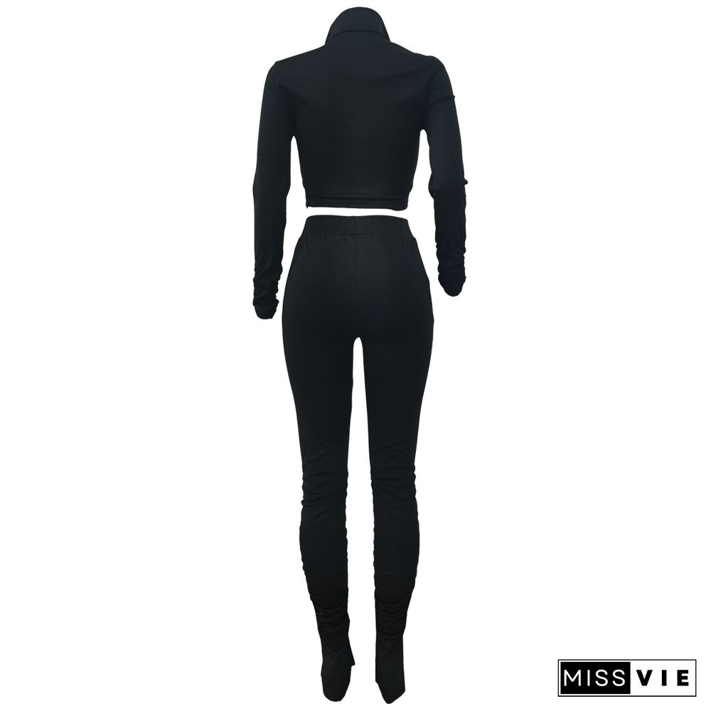 Long Sleeve Zip Crop Top Slim Pleated Pants Set