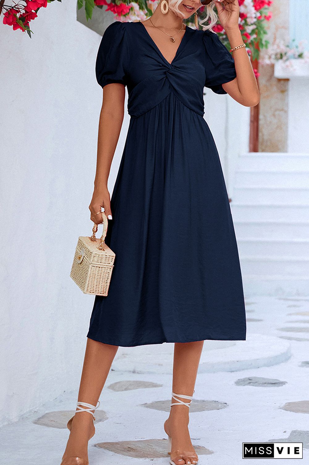 Plain V Neck Twisted Bubble Sleeves Midi Dress