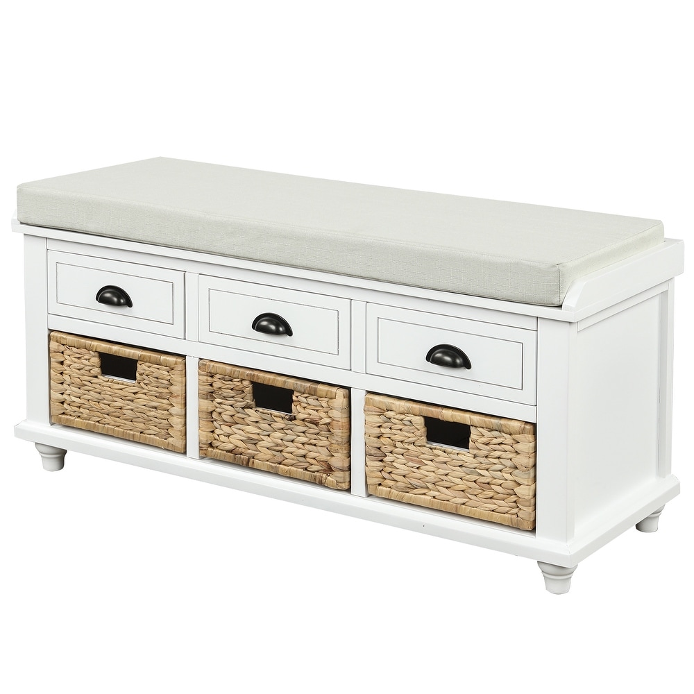 Storage Bench with Drawers and Rattan Baskets Entryway Shoe Bench