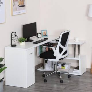 HOMCOM 55 in. L-Shaped White 1-Drawer Writing Computer Desk with Storage Shelves 836-272WT