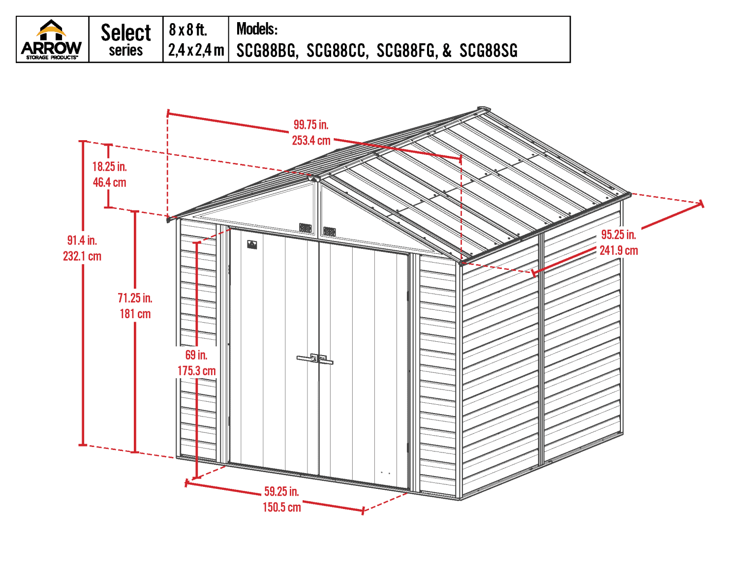 Arrow Select Steel Storage Shed, 8x8, Blue Grey