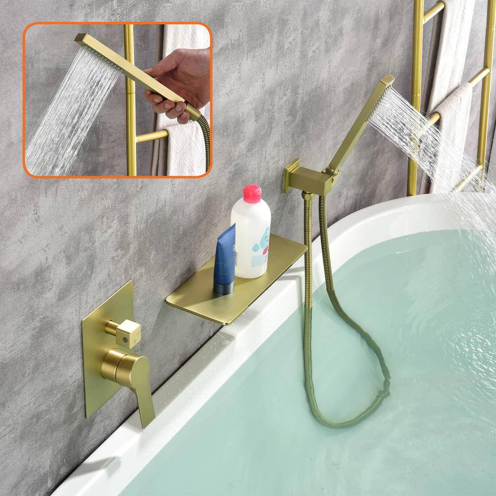 FLG Single-Handle Wall Mount Roman Tub Faucet with Hand Shower Waterfall Bath Tub Filler in Brushed Gold SS-0143-BG