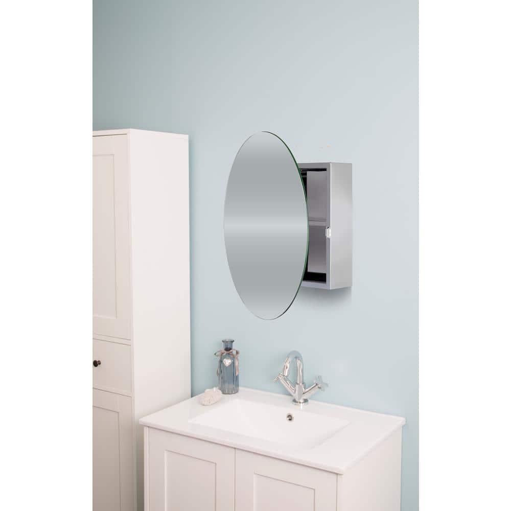 Croydex Tay 18 in W x 26 in H Single Door Oval Silver Stainless Steel Surface Mount Bathroom Medicine Cabinet with Mirror