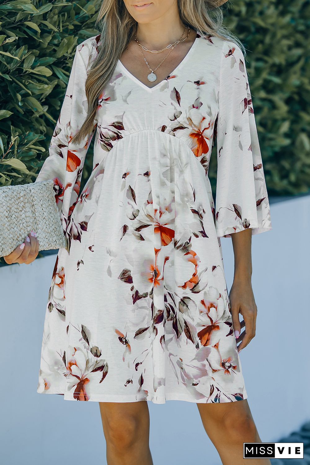 White V Neck 3/4 Sleeve Floral Dress