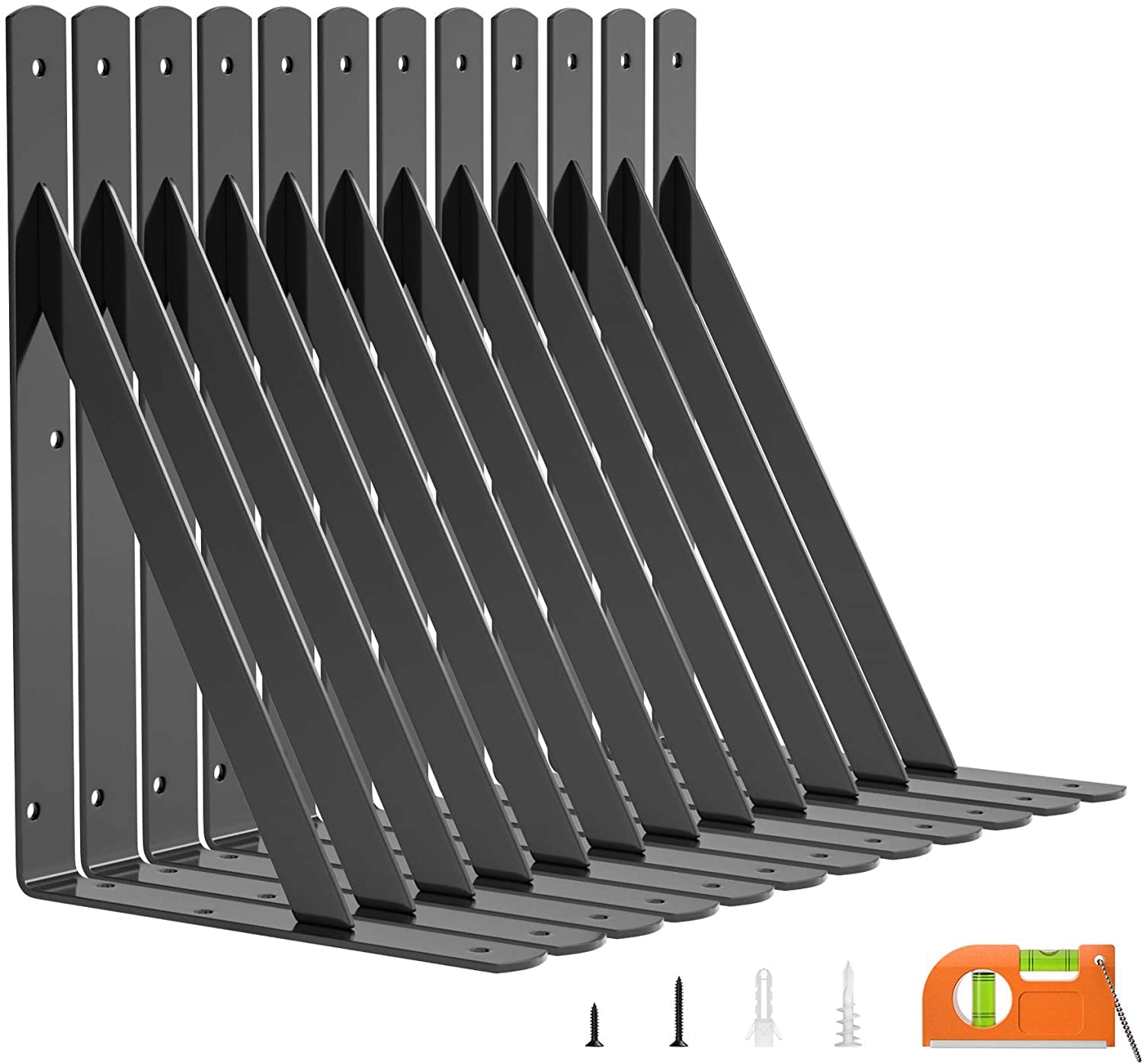 LuckIn 12 Pack Heavy Duty Shelf Brackets, 11 x 8 in. Black Metal Triangle Corner Bracket for Wall Mount Floating Shelf