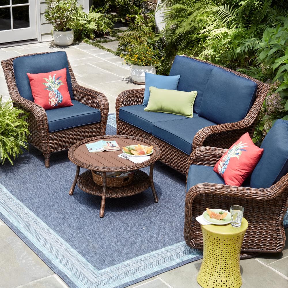 Hampton Bay Cambridge Brown Wicker Outdoor Patio Loveseat with CushionGuard Midnight Navy Blue Cushions 65-17148B3