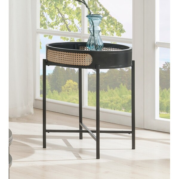 Round End Table with Open Top and Metal Legs in Black Finish