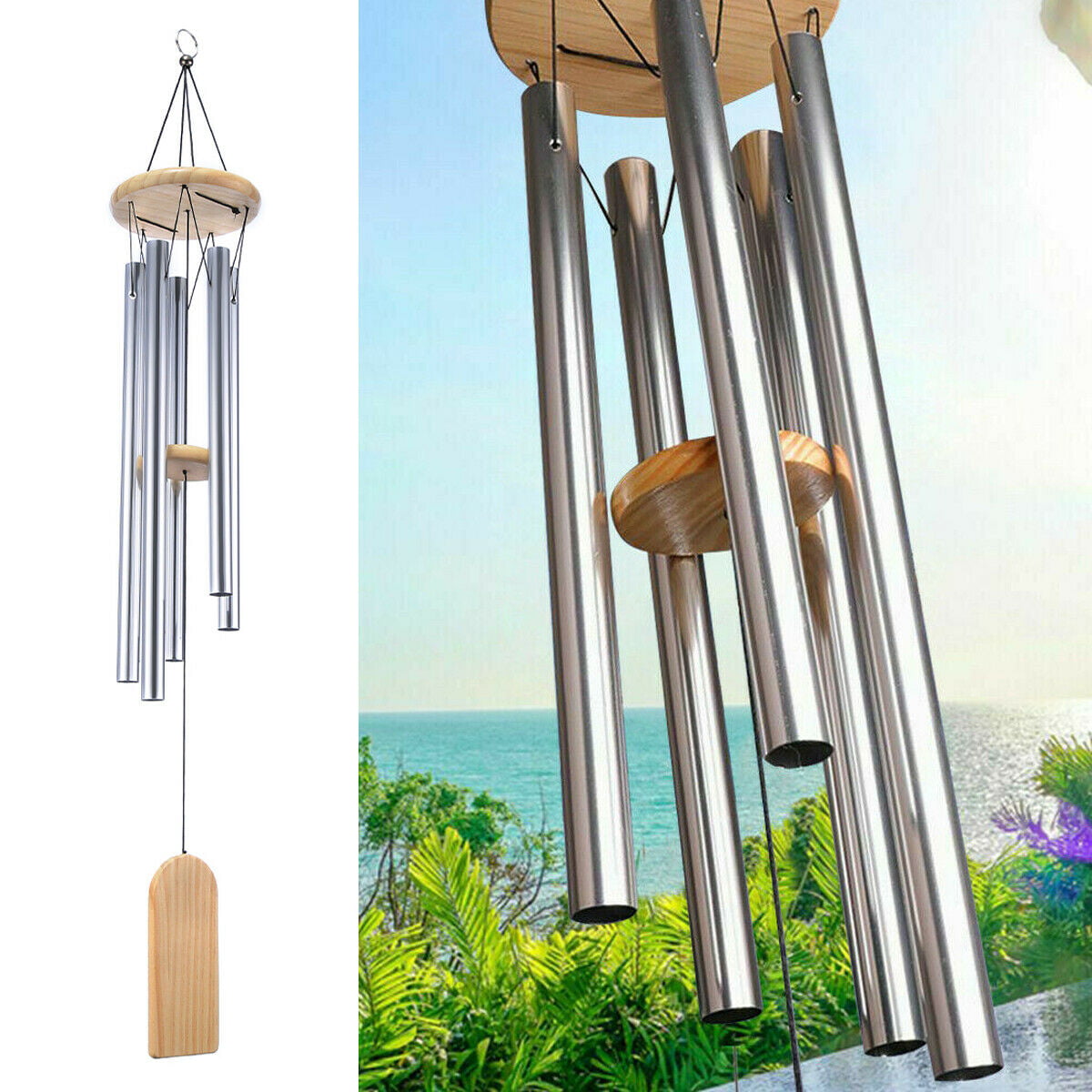 6 Tubes Wind Chimes Large Resonant Bell Chapel Church Garden Home Decor， 18*18*20*22*24*26cm