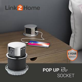 Link2Home Space Saver Pop Up-Outlet 3 Power Outlets 15 Amp 2 USB Ports 2.4 Amp Overload Protection Splash Resistant EM-PU-100E