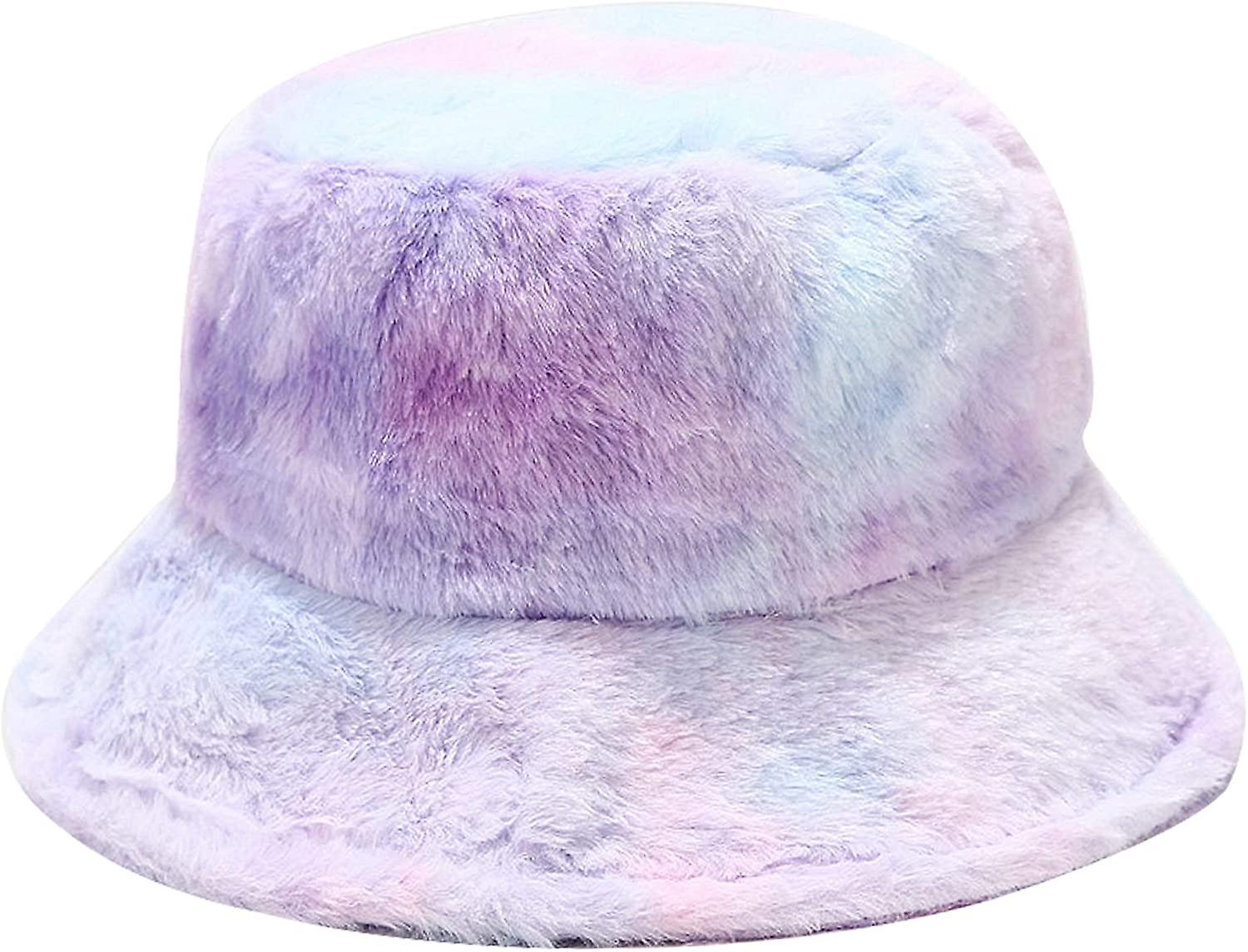 Winter Faux Fur Bucket Hat Fluffy Warm Hat For Women Men Tie Dyed Blue Purple -