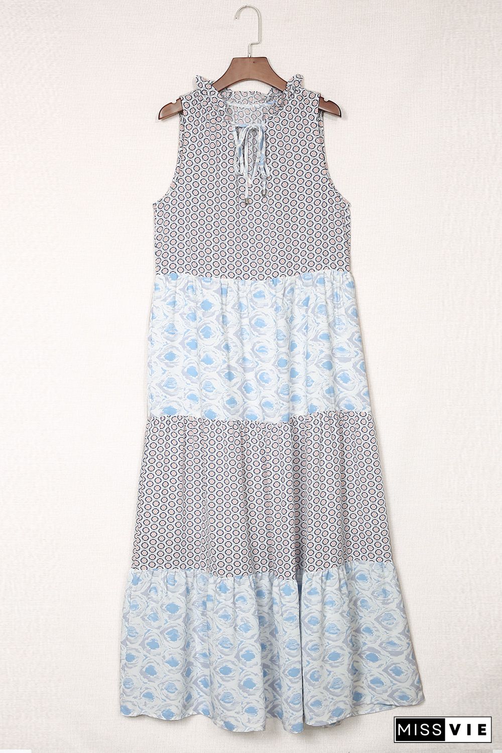 Sky Blue Abstract Print Split Neck Sleeveless Maxi Dress