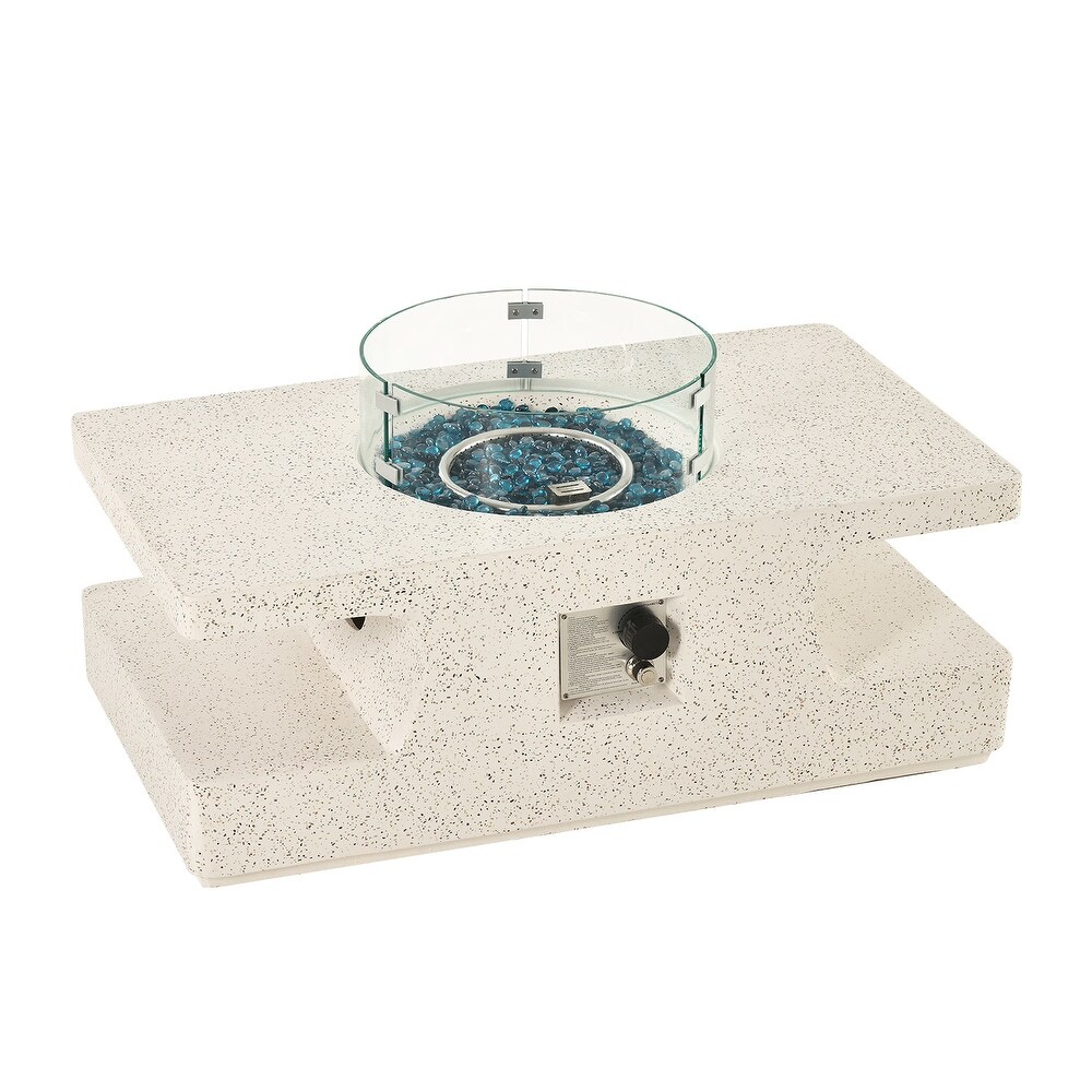 VENTOPYR White Patio Fire Pit Coffee Table with Wind Guard   Fire Glass