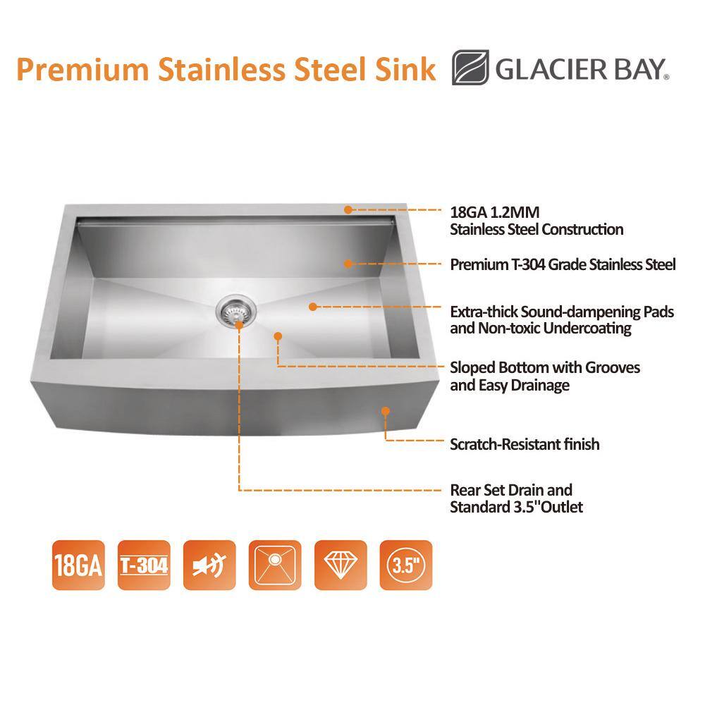 Glacier Bay Zero Radius Farmhouse Apron-Front 18G Stainless Steel 33 in. Single Bowl Workstation Kitchen Sink with Accessories 4312F