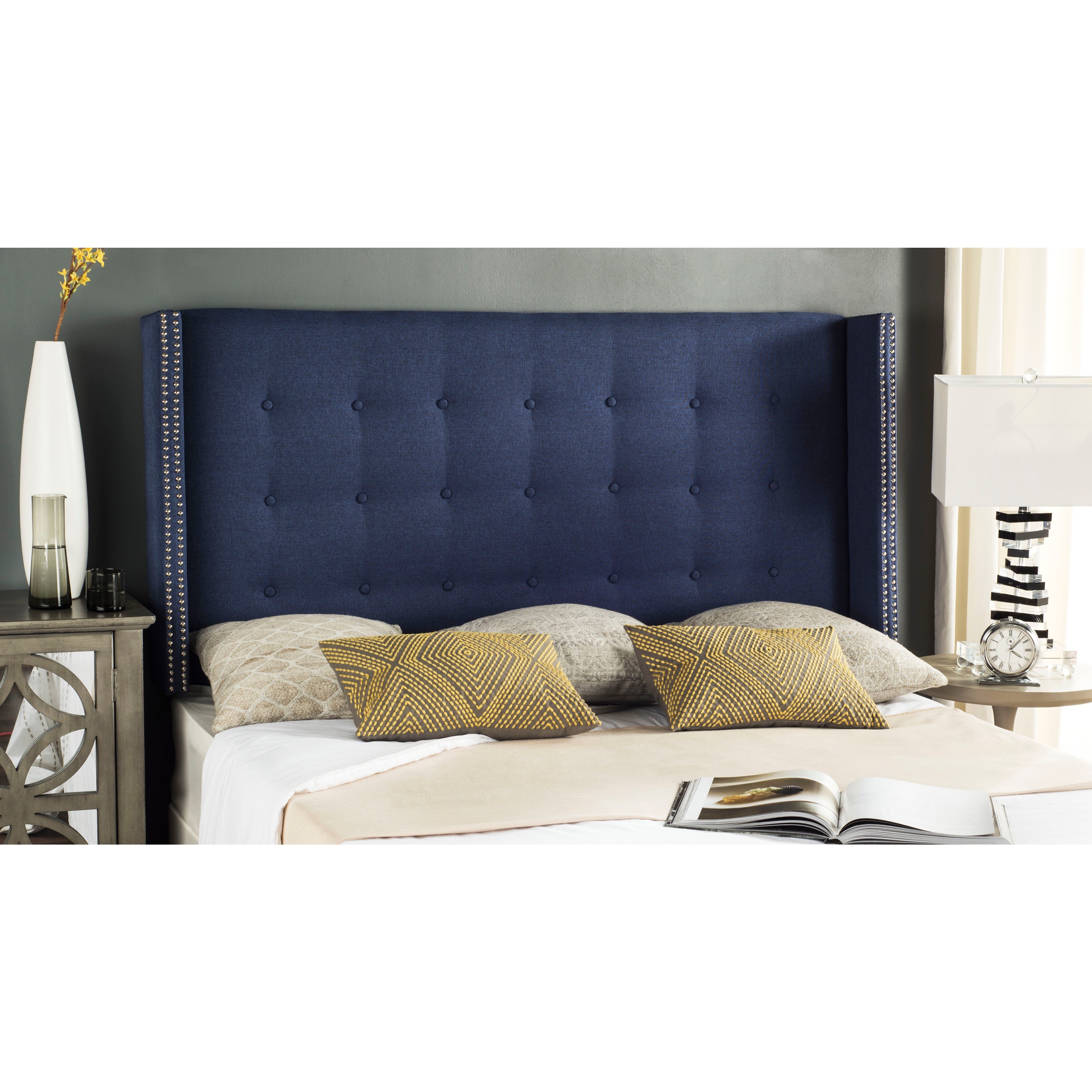 SAFAVIEH Keegan Navy Linen Upholstered Tufted Wingback Headboard (Full) - - 11551610