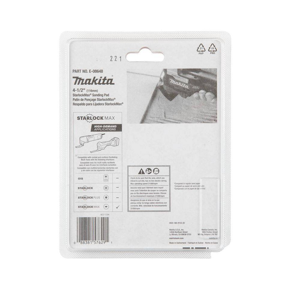 Makita StarlockMax Oscillating Multi-Tool 4-12 in. Tungsten Carbide 40 Grit Delta Triangle Sanding Pad E-08648