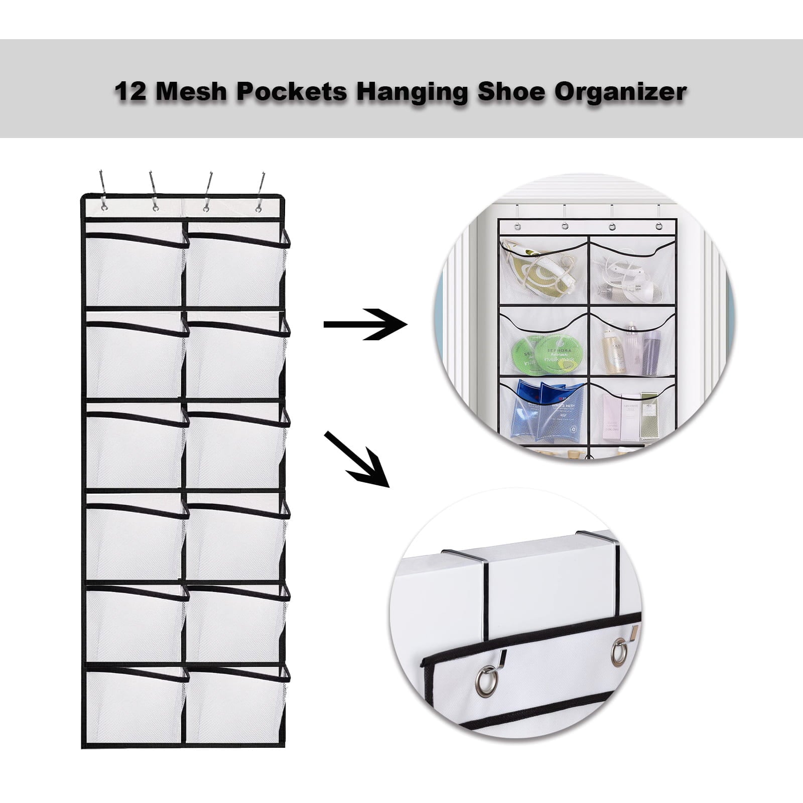 Boots Extra Large over the Door Shoe Rack 12 Mesh Pockets Hanging Shoe Organizer for Men Shoes Size 16， White