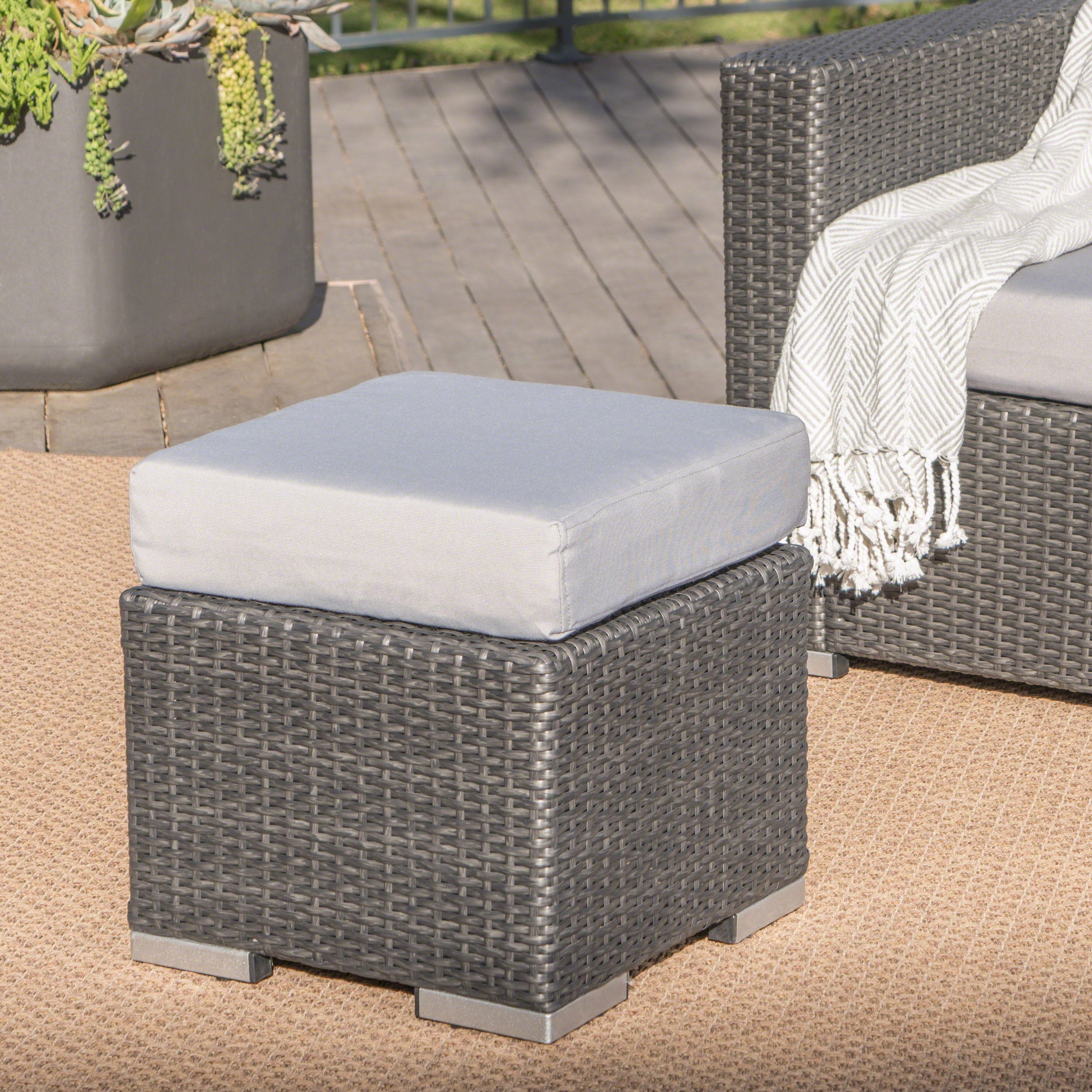 Santa Rosa Outdoor 16 Inch Wicker Ottoman Seat with Water Resistant Cushion