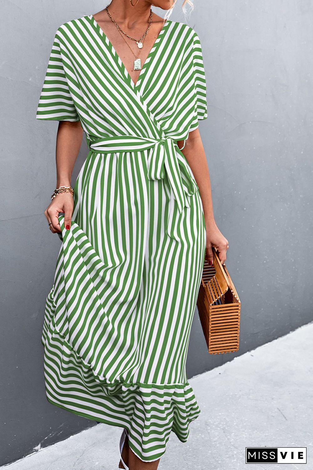 Stripe Print V-neck Short Sleeve Tie Waist Long Dress Wholesale