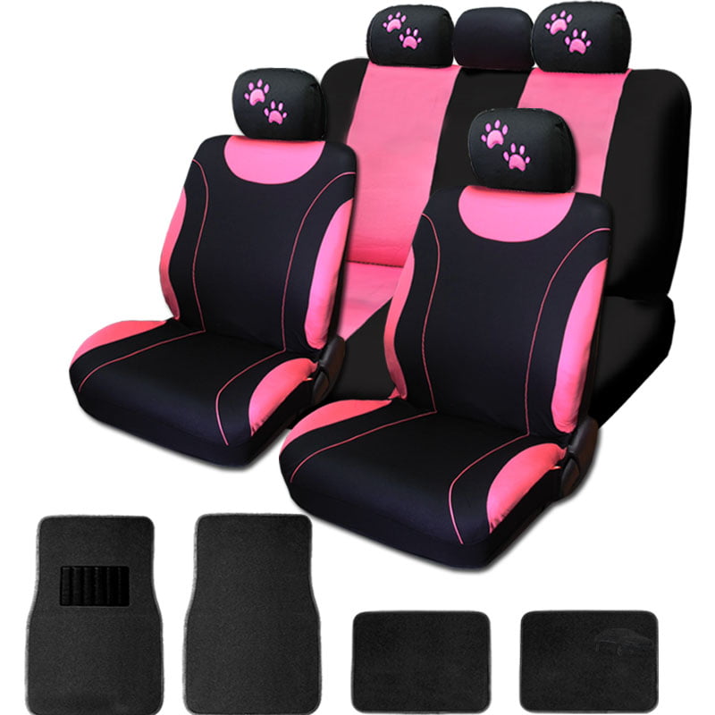 NEW 12 Pieces Flat Polyester Sleek Design Black and Pink Front and Rear Car Seat Covers And Pink Paws Headrest Covers Set with 4 Black Color Carpet Floor Mats Complete Set - Shipping Included