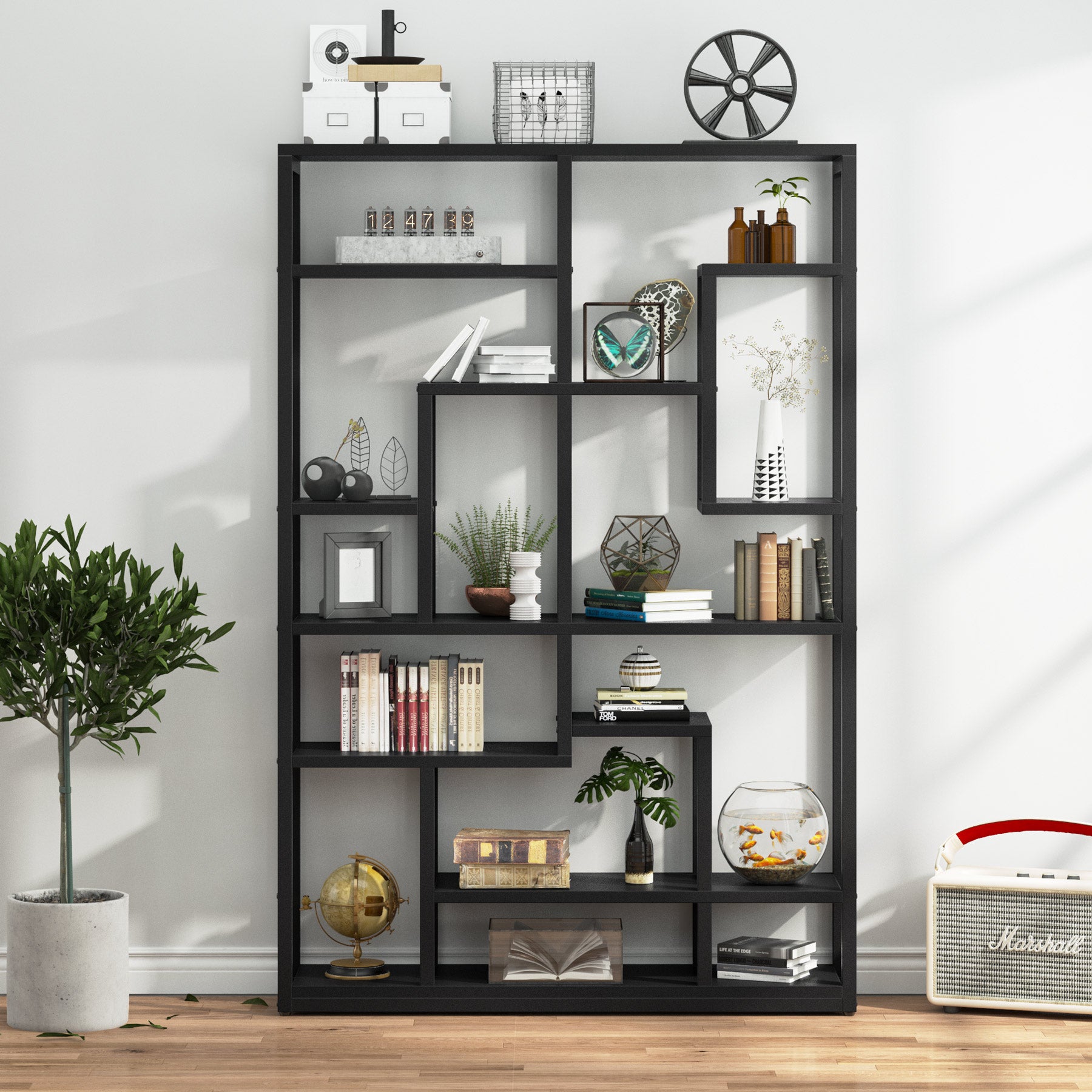 70.87 Bookshelf, Black Standing Shelf Bookcase Storage Rack