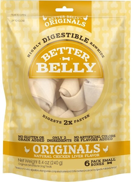 Better Belly Chicken Liver Flavor Rawhide Bone Dog Treats， Small