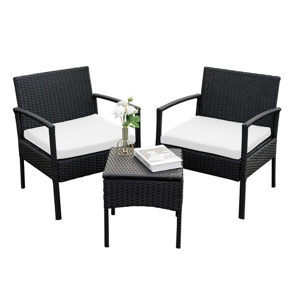 Outdoor Furniture 3 Piece Patio Bistro Furniture Set，Rattan Conversation Chairs Set with Side Table and Cushions