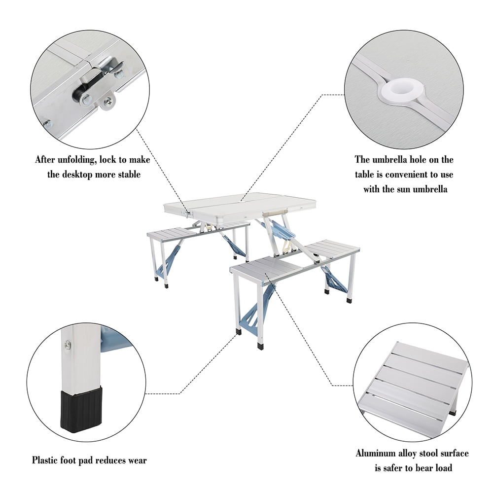 Folding Camping Picnic Table with 4 Seats with Patio Umbrella Hole， Portable Table Aluminum Alloy Frame with Soft Handle for Barbecue， Travel， Outing， Gathering