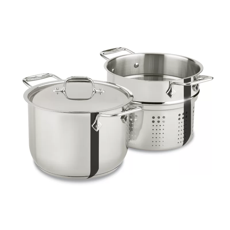 All-Clad E414S6 Stainless Steel Pasta Pot and Insert Cookware， 6-Quart， Silver