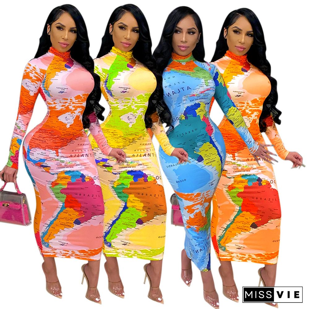 Sexy World Map Printed Long Sleeve Slim Bodycon Maxi Dresses