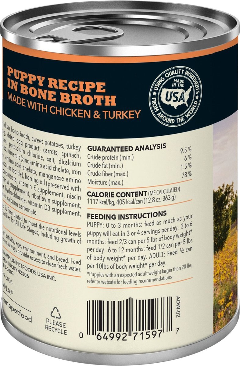 ACANA Premium Pate Puppy Recipe in Bone Broth Grain-Free Wet Dog Food， 12.8-oz can， case of 12